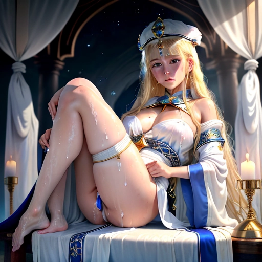 best quality, (best face and legs), cute face, alluring celestial priestess, blonde hair, big blue eyes, sweaty, wet skin, white silk robe, ceremonial event on a remote island