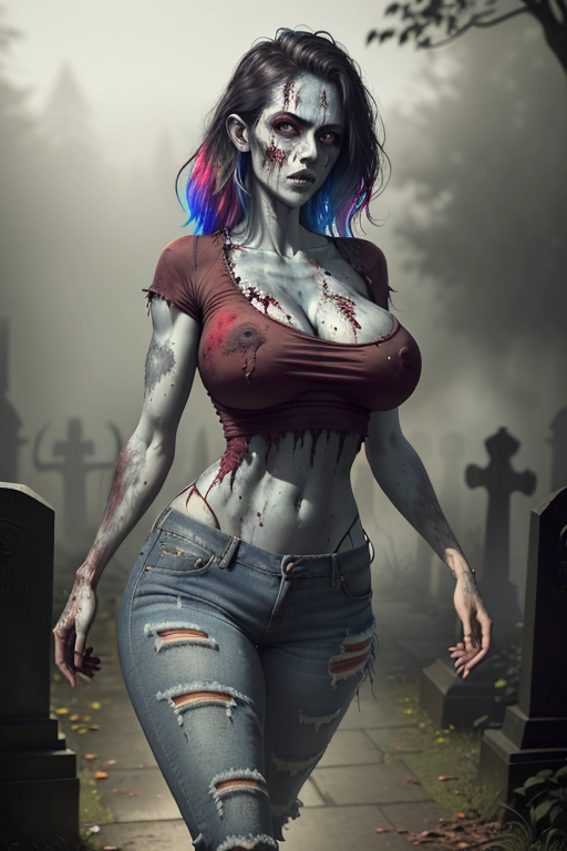 Rotting Decaying zombie,walking through graveyard,full body,ripped red tee and jeans,big breasts,cleveage, hairy pussy, colorful lighting, perfect body, realistic detail, professional, realistic, photorealistic, highly detailed, detailed, Ray tracing, realistic skin texture, artistic photo, colorful, soft contrasting colors, looking at camera, artistic photo, mist, whole body in frame, ((extremely detailed)), masterpiece, photorealistic, (((best quality))), perfect contrast, ((ultrasharp)), (((extremely detailed portrait))), natural colors, natural lighting, ((sharpened picture)), vivid contrast,full body