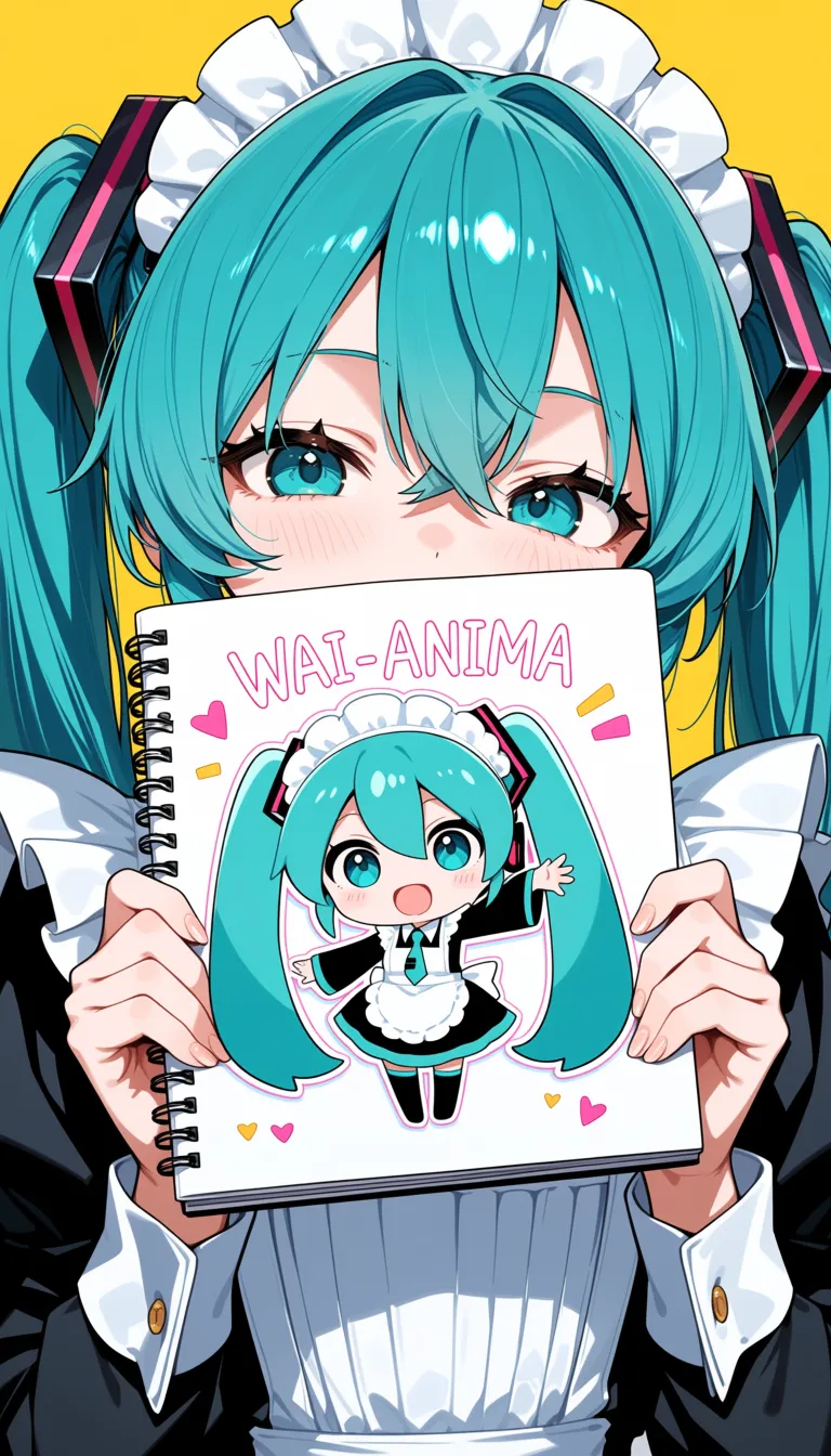 masterpiece, best quality,score_7,
1girl, solo, Hatsune Miku, maid uniform, apron, portrait,holding notebook covering face, holding, , notebook, sketchbook writing text "WAI-ANIMA" and chibi ,