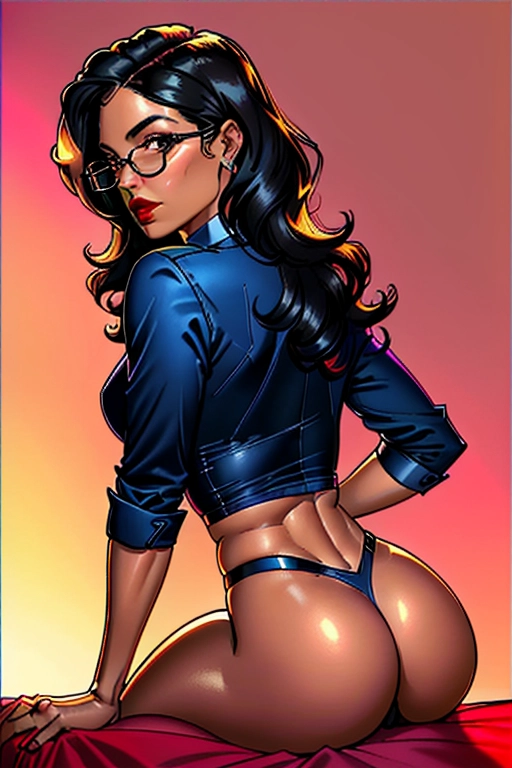 1970s, Beautiful, sexy, christian, 70s FBI detective, Latina, long black hair, 70s hair style, pink head band, round glasses, Alexandria Ocasio-Cortez, full lush red lips, soft and curvy build, small perky breasts, thin waist, thicc ass, full thighs, smooth legs, cute feet, pink scruffled unbuttoned casual shirt, tight pleated navy blue slacks, visible butt crack, thicc hips, laying down on her back, on the bed, inviting me to impregnate her, in the bedroom, playing with and rubbing her pussy and crotch, dim lighting in the room, FBI badge on the nightstand, ((high definition)), ((4k quality)), ((excellent lighting)), ((great shading)), ((pristine detail)), ((really clear picture)), ((beautiful vibrant colors)), ((accurate at lower prompt guidence)), ((ultra realistic)), (((five fingers per hand))), (((two arms per person))), (((two legs per person))), (((two hands per person))), (((two feet per person))), ((((100 percent according to prompt))))