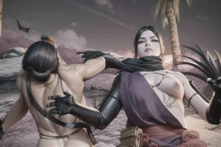 1girl, slender body type, full body , ninja, feudal japan::5, edo period, night, high res, short parted dark black hair::5, small breasts::2, long bare legs, green almond shaped eyes::2, thin parted lips::2, solo, ((masterpiece)),photo referenced::5, pale skin, purple eyeliner::2, tenchu::5, kunoichi::5, professional, ultra high res, dark yukata::2, long sleeves::1, kuugire, stealth, soft feminine facial features, button nose, dark kimono, 25 years old, seductive look, arrogant look, sinister look, moody lighting ,head tilt, detailed face and eyes, correct calf muscles::5 rose tattoo on thigh::5, correct feet anatomy::5 correct hand anatomy::5 2 characters , grabbed by the neck, hand around neck