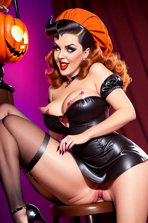 Full color, Halloween, gorgeous witch, warm sexually welcoming smile, (flirting with me), closeup, 1940s style pinup hairstyle and makeup, looking into the camera lens, ((deep plunge sweetheart style neckline minidress)), ((((pulling minidress up to reveal vulva))))((((anatomically correct vulva))))(((showing pussy)))((showing ass)),((trimmed pubic hair)) sexually aroused, Halloween decorations, sexually excited, stiletto heels, (fuck me expression),((you are mine and I am going to fuck you now expression))