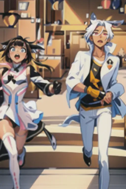 sam yang, boy and catgirl running together , 1 boy, brown colored hair ,spikey styled haired boy on right, male wearing yellow airbender clothes , black vest, 1catgirl, masterpiece, best quality, catgirl on left, catgirl posh style , white color hair, catgirl hairstyle white short bobcut with white cat ears, only cat type ears, pink catlike eyes, catgirl on right dressed in white plain clothing with pink bow, white hair, bow, elegent long white gloves,((masterpiece)) ((masterpiece)) <lora:dpmg_sam_yang:1>