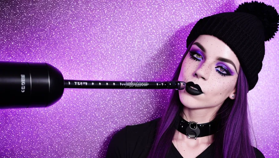 replicate inspiration face, freckles, black lipstick, black beanie, skinny, dynamic pose, choker,
location is a dimly lit bedroom, purple lights,