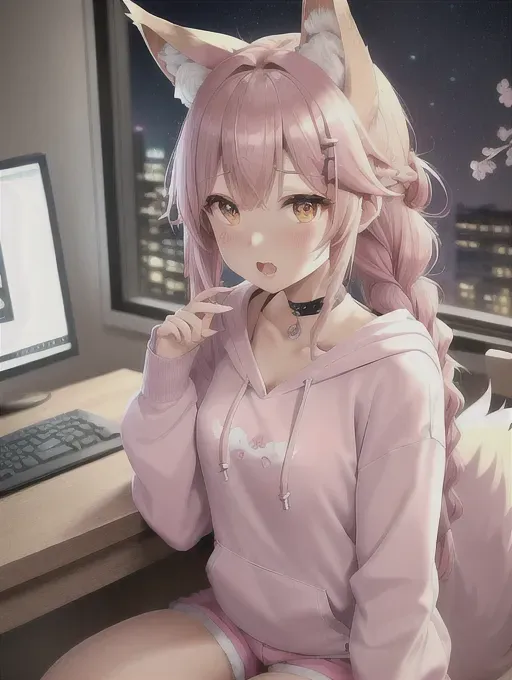 best quality, highly detailed, cute anime girl with wolf ears and fluffy wolf tail, braided hair, lewd face, shy, open mouth, misty eyes, solo at gaming computer desk, saliva, cute pastel casual shorts, perfect figure, absurd resolution, highly detailed background, vivid colors, world lighting, sitting back in gaming chair, casual baggy cream colored hoodie, masterpiece, realistic rendering, condenser mic on a desk mounted boom arm, audio interface, streaming equipment, wet panties, cherry blossom hair clips, pink choker, OLED computer monitor, RGB gaming equipment, drawing tablet, the desk is made of stained wood, night cafe vibes, vines bordering the window, cute anime poster on the wall, 8k, wallpaper