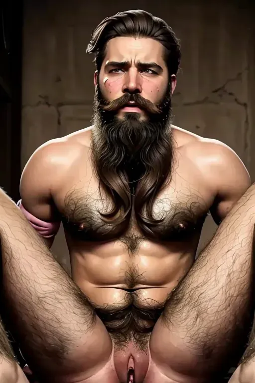 Hyperrealistic, dramatic, Naked bearded man with a pussy and breasts, butt fucked, screaming, crying, rape, forced, tied up, full body, pussy visable, tampon
