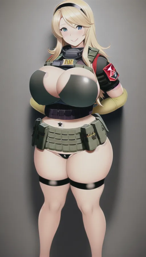 Hot blonde, smiling, curvy, voluptuous (((suicide bomber))), enormous breasts, european, blonde hair, nude, tactical vest, wearing an explosive vest, wide hips, fat ass