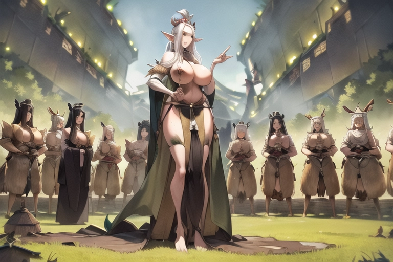Sophisticated Tall huge Elf Queen with torn clothes (commanding:1.4) (female_villagers standing outside:1.5), outdoor,