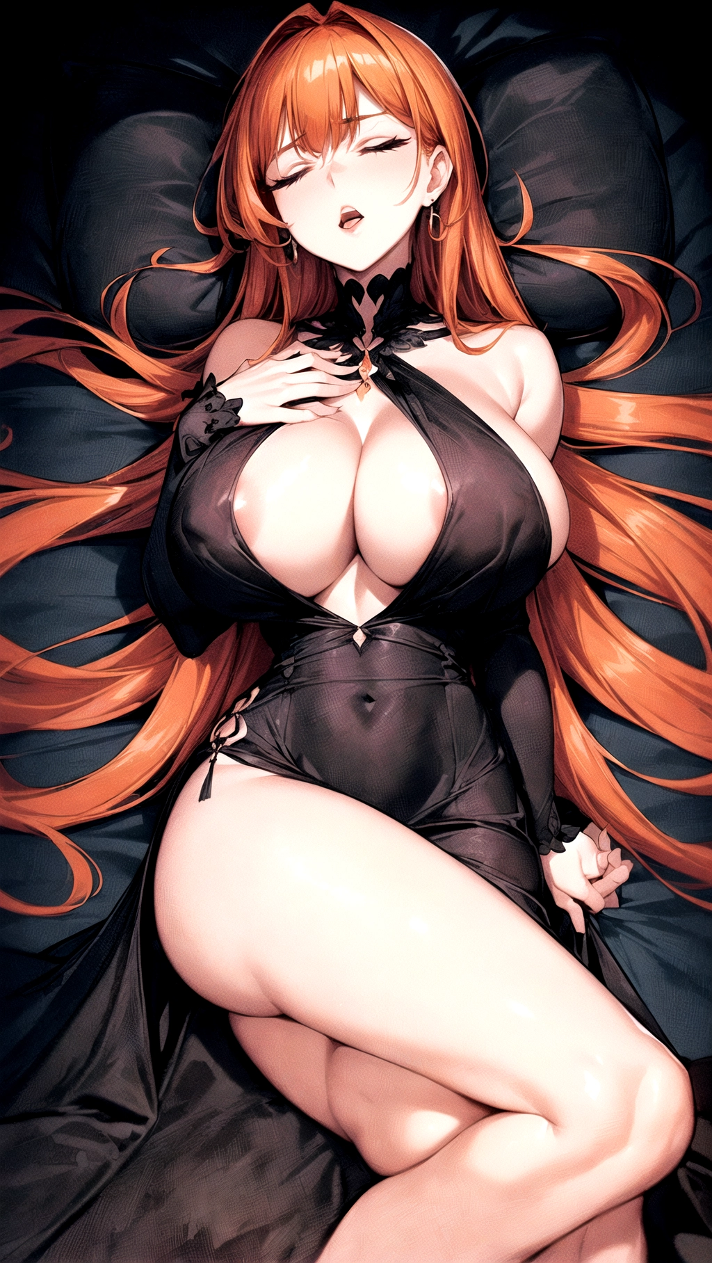 Beautiful, masterpiece, professional, HDR, UHD, (((64K resolution))), ((((elegant bed background)))), ((1girl)), (solo), full body,
A absolutely gorgeous Witch with an hourglass body wearing a ((((all black dress)))), extreme face details, translucent dress, leather belt, ((spread legs)), bare shoulders, laying down, lying, on her back, arm sleeves, exposed thighs, , exposed cleavage, bare neck, drooling, exposed vagina, excessive drool, closed eyes, asleep, sleeping, open mouth, tongue out, ((very thick thighs)), (wide hips), (((absolutely massive breasts))), ((very thin waist)), (very long eyelashes), orange hair, <lora:dpmg_add_detail:1>,