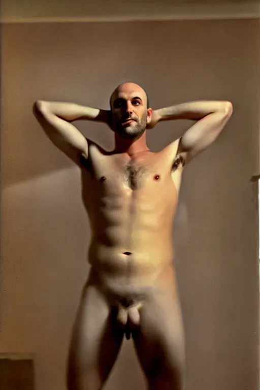 photo, slim man, standing naked, pale skin