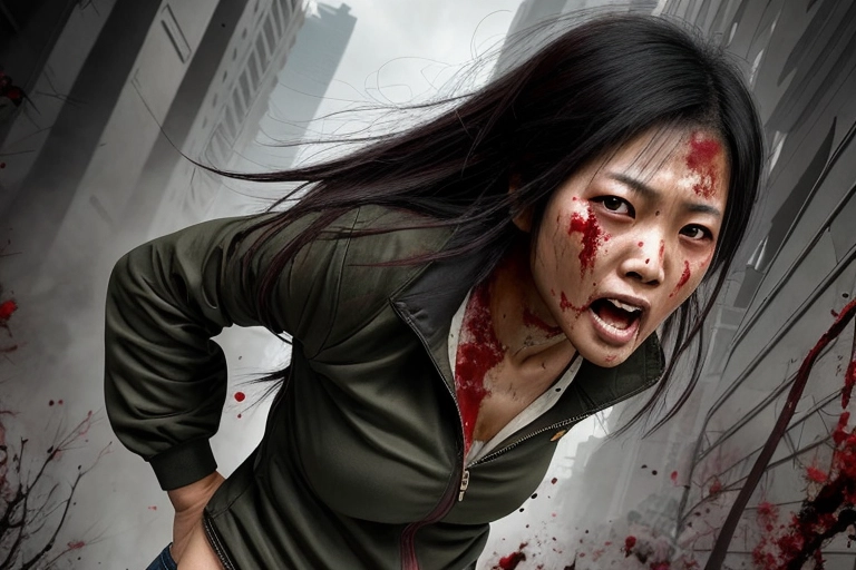 asian woman, running, zombie outbreak, scared, chased by zombies, ((realistic)), High detail,