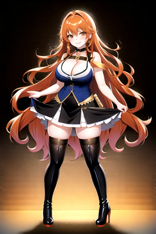 8k quality, brown eyes, pale white skin, orange hair, giant breasts, cleavage, looking at viewer, pov, long hair, wavy hair, full body photo, standing in room, smiling, blue minidress, miniskirt, high heels, black knee high boots, black choker