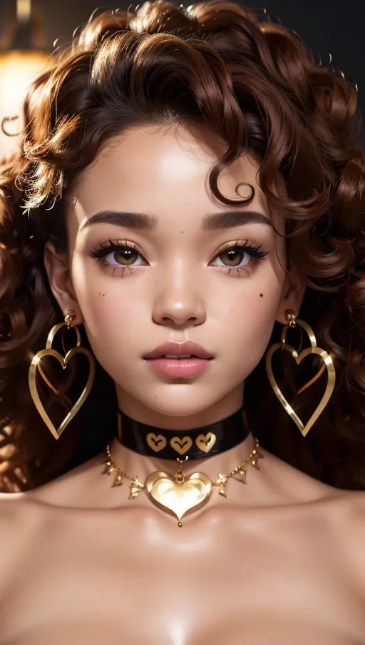 best quality, (((ultra high res))), (detailed face and eyes), hearts, perfect face, choker, golden earrings, jewelry, Ashley Moore, (face closeup), heart, topless, curls, latex Up to neck