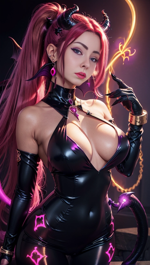best quality, (((ultra high res))), (((detailed face and eyes))), (perfect face), big shining heart choker, earrings, jewelry, (((big glowing succubus mark))), ((((big glowing succubus bodymark)))), (((conjuring))), (witch), ((long voluminous hair)), (((black gloves))), ((pink hair)), straight hair, (((golden bracelet))), ((single ponytail)), (((huge hair cuff))), ((skintight neckholder dress with low neckline)), ((face closeup)), purple, (burgundy red lipstick), (((neckholder top with low neckline))), ((((demon tail)))), ((long sleeves)), ((purple glowing heart)), (((cameltoe)))