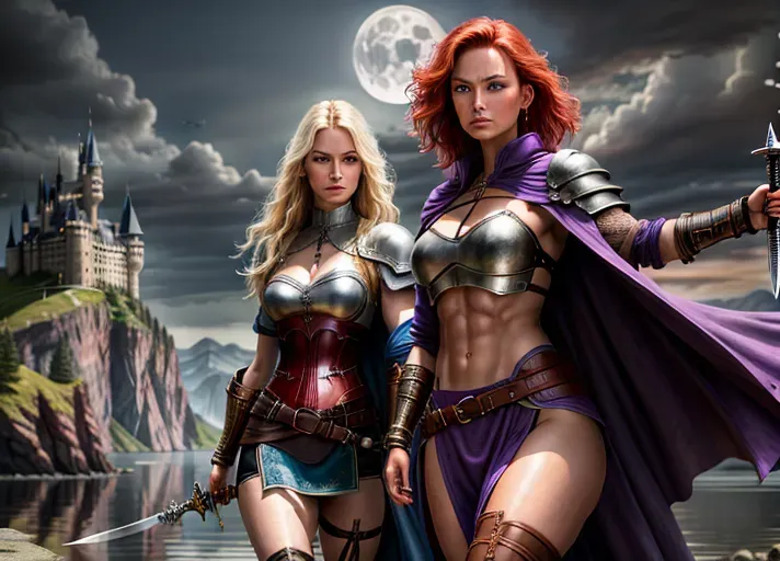 High fantasy setting (Dungeons and Dragons), two women, Olivia Wilde with long blonde hair and Dina Meyer with short red hair, wearing purple and blue armour, long cape, skirt to knees, high leather boots, medium natural breasts with large cleavage, toned and slim body, abs, slender arms and legs, small ass, midrif, narrow waist, sensual expression, focused, sharp features, very beautiful face, high cheekbones, arched eyebrows, sexy action pose ready to attack, holding dagger or sword in one hand, looking at the viewer, knowing smile,
castle on a cliff next to a lake and forest in the background, full moon, moon light,
two arms, two hands, five fingers, detailed fingers, two legs, two feet
<lora:dpmg_add_detail:0.4>, vivid colors, cinematic composition, artificial light, UHD, HDR, highest quality, highest resolution, (photorealist), (photorealism), (masterpiece:0.4)
