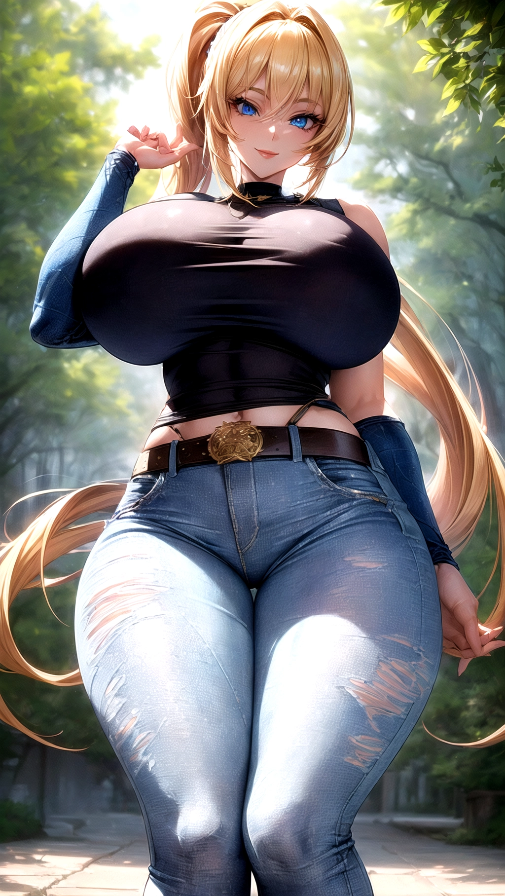Beautiful, masterpiece, hyper detailed, high quality, (64K resolution), (HDR), (UHD), cinematic lighting, ((park background)), (1girl), solo, female focused, extreme face details, ((whole body image)), male pov,
A beautiful woman wearing a tight ((T shirt)) and ((tight jeans)), ((huge boobs)), ((hair in a short ponytail)), belt, athletic body, 25 years old, strong legs, (((seductive))), seductive eyes, seductive smile, (((translucent clothes))), ((thin clothing)), ((Very thick thighs)), (((absolutely massive breasts))), skinny waist, (long eyelashes), ((wide hips)), golden blonde hair, ((bright blue eyes)), ((((hyper detailed eyes))))<lora:dpmg_add_detail:1>