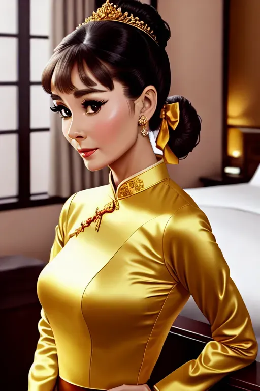 a digital art of,audrey hepburn,wearing sexy ao dai,arched back pose,in a hotel room,amazing breasts,five fingers per hand,fishtail hair,beautiful face,beautiful lips,brown eyes,curved eyebrows,pale skin,satisfaction,wearing golden ring,artstation,surreal,cinematic lighting,cgsociety,sharp focus