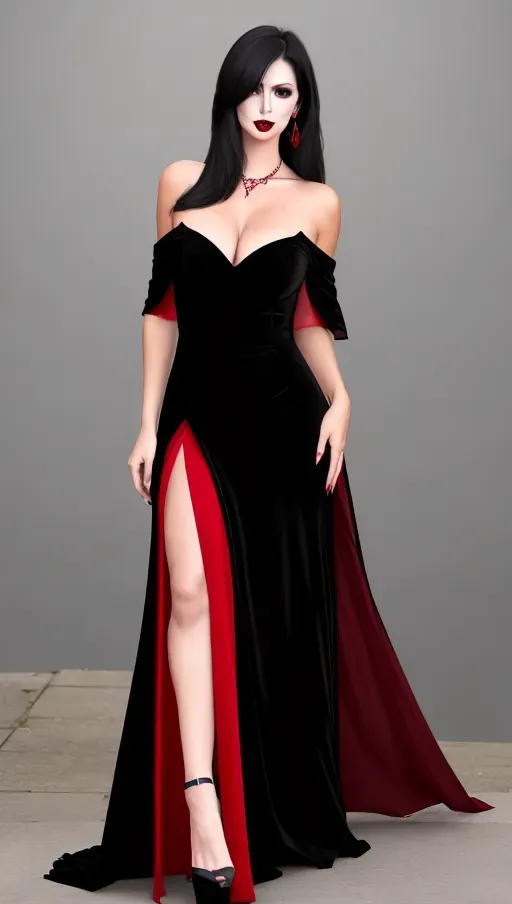 low angle, medium shot, set in a creepy old dark castle, playing lead flying V guitar at a hard rock concert.
beautiful, beautiful, straight black with horizontal red streaks hair, goth makeup. dark red lipstick and eyeshadow, average height woman 26 years of age, seductive smile, large round natural teal eyes, Dark red long dress with wide off the shoulders neckline wide off the shoulder straps no sleeves, high heels, long pointed canine teeth, large red bat necklace, photorealistic.