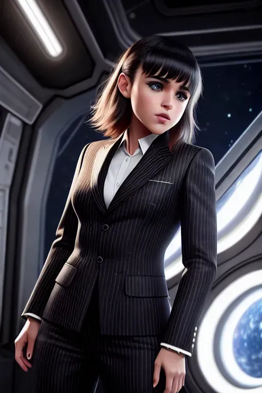 a full body photo shot of,tween ellen page,wearing a pinstripe suit,seductively posing,in the space station,five fingers per hand,bangs hairstyle,seductive face,beautiful lips,realistic eyes,curved eyebrows,curved eyelid,smooth skin,satisfaction,tattoo,ultra realistic,editorial,professional,bokeh,artstation