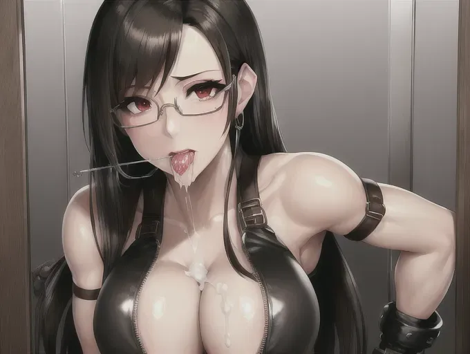 best quality, Tifa Lockhart, curious, tits exposed, cum dripping from mouth, cum covered face, cum covered breasts, blush, mature female, goth clothing, glasses, cum dripping from glasses frame, gloryhole, tifa blowing guy through gloryhole, Cuming in her mouth