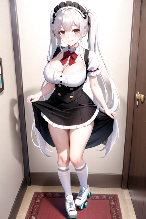 8k quality, brown eyes, pale white skin, white hair, giant breasts, cleavage, looking at viewer, pov, long hair, wavy hair, standing in bedroom, maid uniform, roller skates, miniskirt, pigtails, full body photo, smiling