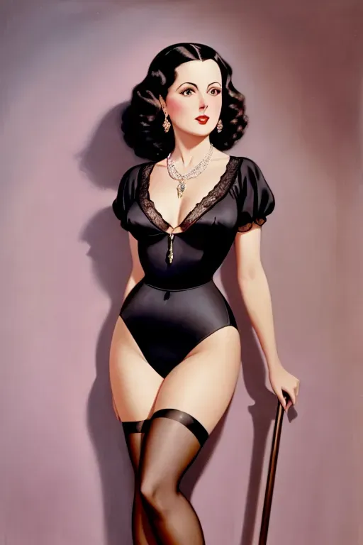 a colour painting in the style of a Victorian oil painting of, a ((full length)) young Hedy Lamarr,((show full body and legs)), ((short dark hair)) wearing a sexy leotard, ((visible cameltoe)) wearing a necklace, in a drawing room
