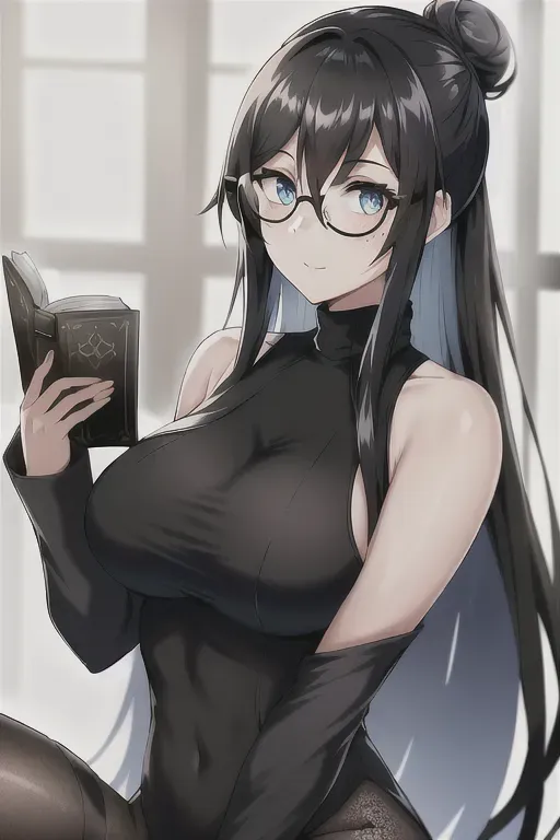 Best quality, high resolution, masterpiece, solo, 1girl, long hair, black hair, hair in bun, blue eyes, round glasses, sexy expression, freckles, black turtleneck, big boobs, holding books, black leggings, black high heels