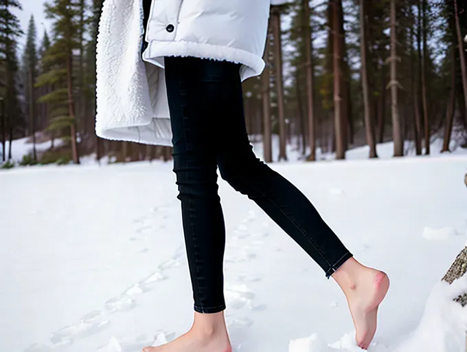 sole female, jeans, dark jeans, black jeans, pants, barefoot, bare feet, toes, feet, bare feet in snow, standing, ice, snow, no footwear, coat, slender, goth, black lipstick, choker, white skin, pale skin, fingerless gloves, black hair, fighting pose, frozen lake, feet buried in snow, legs apart, bedroom eyes, tattoo on foot, snow between toes, toes frozen inside ice cubes,