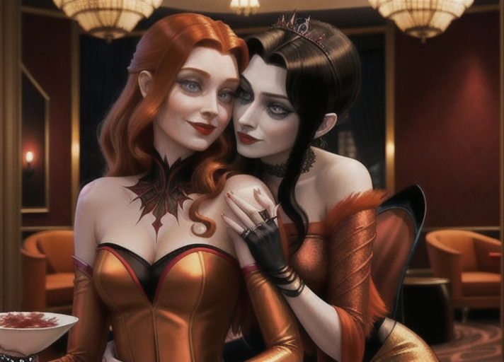 midnight in the luxury penthouse suite at Hotel Transylvania, Beautiful long auburn haired with large deep blue eyes Queen Anna of Arendelle in elegant black gothic style posing hypnotized, in the hungry embrace of her new vampiric very pale short black haired friend Mavis with a blood thirsty smile from Hotel Transylvania convincing Anna to join her as a vampire. photorealistic. photorealistic.