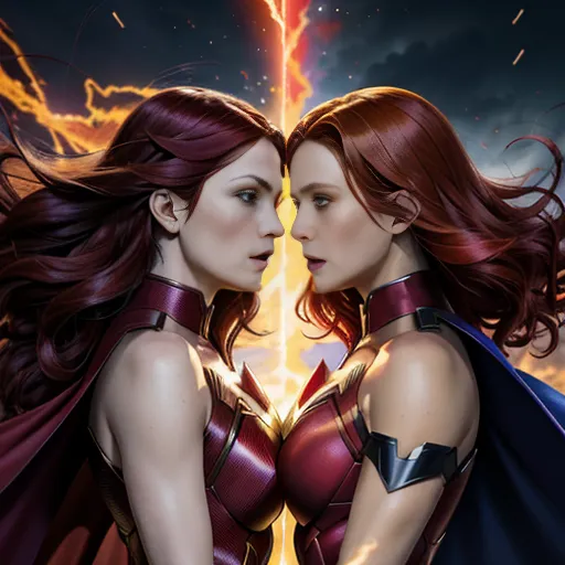 "(Jean Grey) and (Scarlet Witch)
(Dynamic poses of superheroines facing toward each other in fiery duel:1.3)"
Jean Grey and the Scarlet Witch clash in a spectacular supernatural battle, Jean surrounded by a blazing golden Phoenix aura as she unleashes waves of telekinetic force, Wanda countering with swirling crimson chaos magic, both women suspended above a shattered city street, debris and magical energy spiraling around them, intense opposing expressions, dynamic combat poses, cinematic lighting, powerful motion, dramatic perspective, epic Marvel-inspired fantasy artwork, highly detailed, painterly comic-book aesthetic.