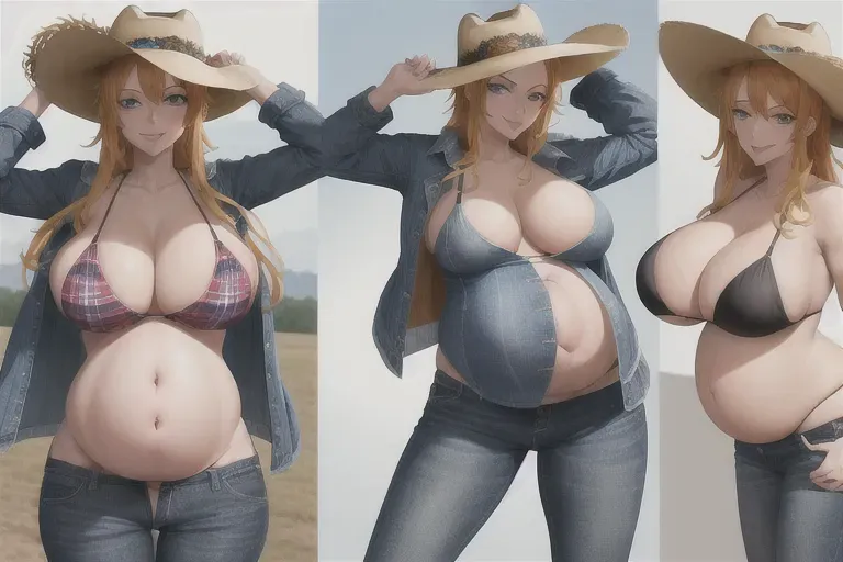 1 girl, nami one piece, cowboy hat, flannel jacket, jeans, no shirt, farm, blue eyes, large breasts, taking her shorts, tongue out, bikini ,squatting,pregnant, big belly