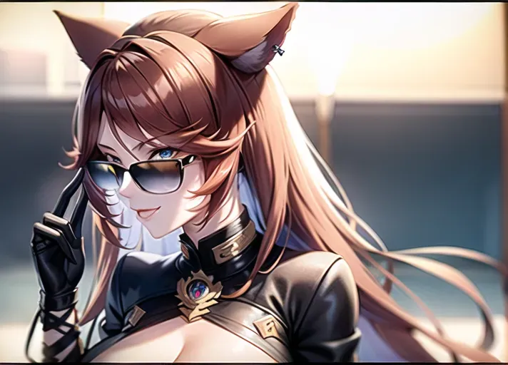 identical to inspiration, beautiful miqote, auburn hair, auburn cat ears, beautiful blue eyes, beautiful face, smirk, (high quality face), black jacket, black sun glass, night club