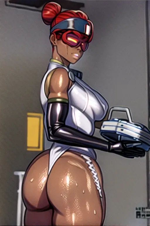 apex legends, lifeline, dark skin, red hair, twin bun hair,futanari, thick thighs, bottomless, big breasts, hoop earrings, big testicles, testicle grab, presenting testicles,testicle focus,bbw,testicles, hermaphrodite, testicles visible, penis visible, genitals visible, armpits, thick thighs, massive thighs, presenting thighs, medical gloves