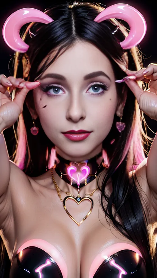 best quality, (((ultra high res))), (detailed face and eyes), ((hearts)), perfect face, ((big heart pasties)), ((heart choker)), golden earrings, jewelry, golden heart necklace, (((succubus))), black horns, lipstick, seductive scent, ((gentle touch)), pleasure, orgasm, seductive, charming, Lust, Penetration, straight hair, (((face closeup))), (((dark black hair))), ((((glowing pink eyes)))), small tits
