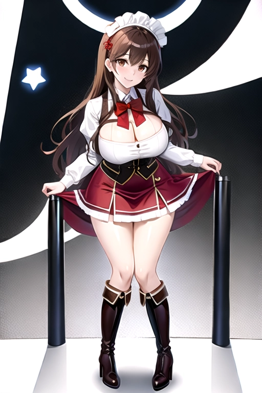 8k quality, brown eyes, pale white skin, brown hair, giant breasts, cleavage, looking at viewer, pov, long hair, wavy hair, full body photo, standing in room, smiling, black and red maid uniform, miniskirt, high heels, knee high boots