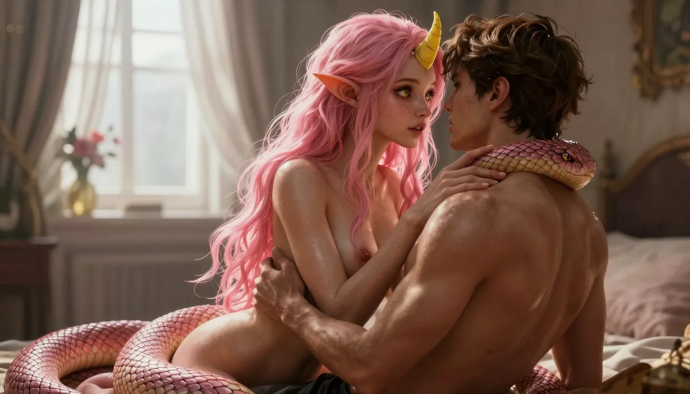 Realistic picture, fantasy, female snake humanoid, long pink hair, yellow eyes, small yellow horn on forehead, elf-like ears, nude, small breasts, pink scaly snake tail, male human, short brown hair, muscular back, nude, embracing, snake tail wrapped around male's waist, intimate, bedroom setting, soft light from window, white curtains, flower vase on windowsill, beige walls, warm colors, realistic shading, romantic, sensual, tender expression, detailed scales on snake tail, soft textures, light shadows, male's face partially obscured, female looking down at male, close-up, emotional connection, fantasy romance, detailed anatomy, soft focus, gentle atmosphere.