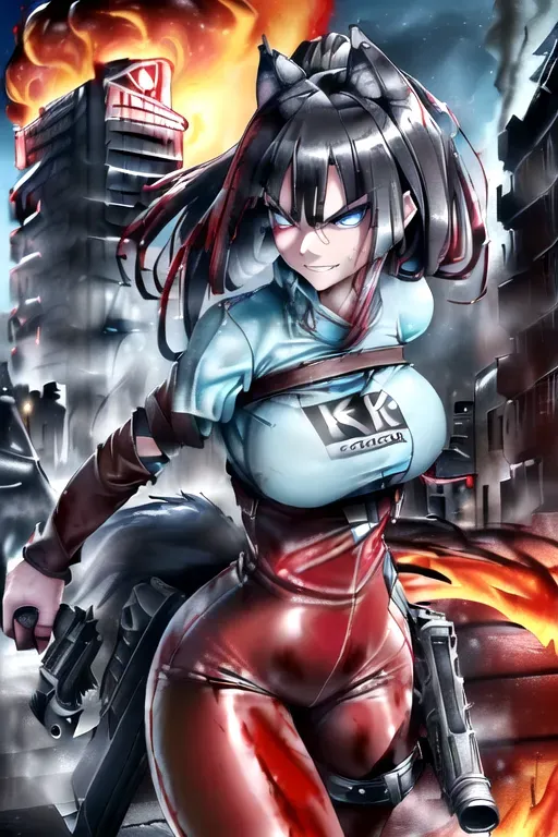 (((A professional))) (((HD 8k photo))) (((of a wolf girl))), (((standing fighting)))(((innocent round face))),(((high cheek bones))), (((smirking))), (((mad look in eyes))), (((ice blue eyes))) ,(((with black hair with a lot of maroon red highlights))),(((wearing tight form fitting leather))),(((pistol_in_hand))), (((buildings burning))) (((night))), (((apocalyptic backround))) (((Covered in blood))) (((lots of blood)))