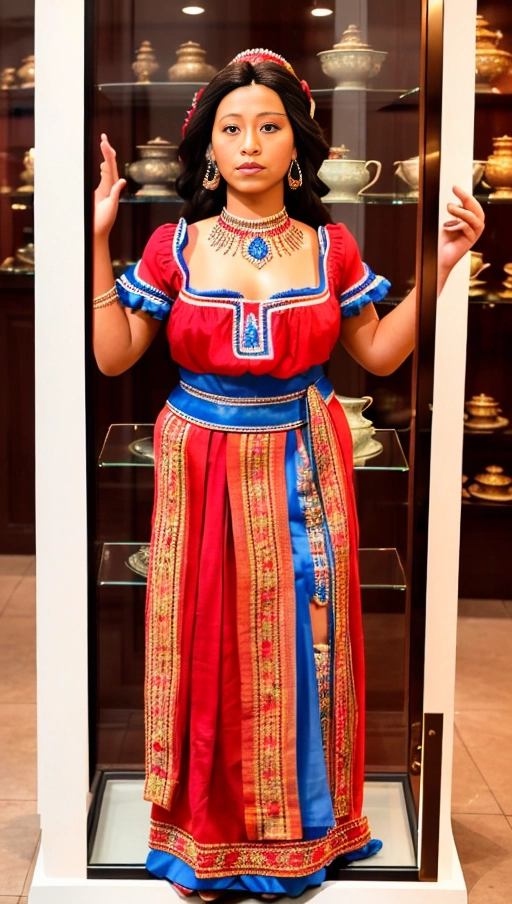 The woman was frozen in time like a living mannequin. She wore traditional Guatemalan clothing that accentuated her large natural breasts and wide hips, along with a pair of high heels. The woman is Latin American. She is inside a glass display case exposed for sale. The setting is in a white-walled room evenly lit by white lighting. Despite being overweight, she still looks attractive. The image should showcase the womans ample figure within the glass display case. Her facial expression should be neutral, with eyes fixed on the camera but without any emotions. (((full body view, full body photo)))), ((full body view)), ((breasts large natural)), ((overweight)), (((hyperrealistic))),
Masterpiece,
perfect edges,
ultra realistic,
perfect anatomy,
realistic skin texture