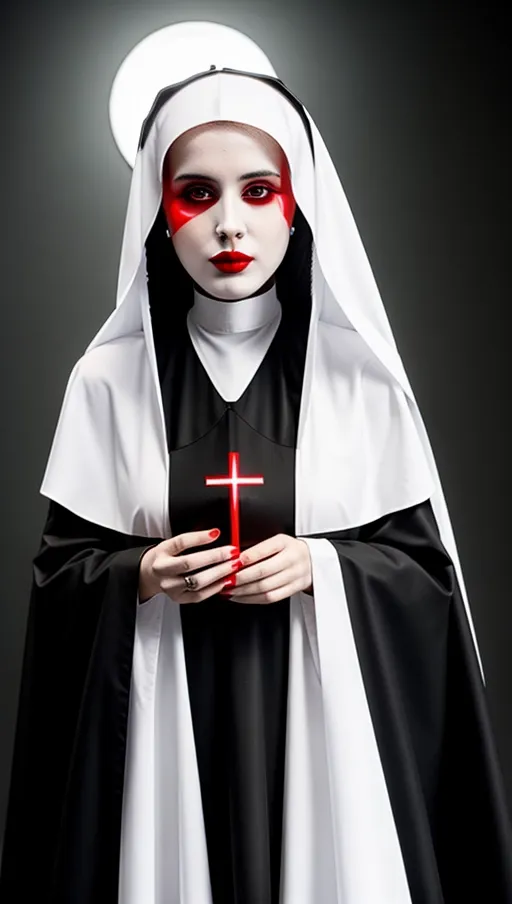 a palewhite ghost nun dressed in blck, red lips and a single red tear