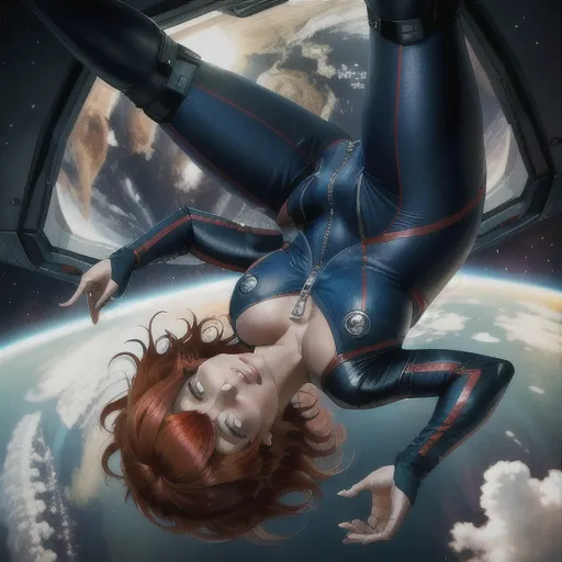 1girl on spaceship, redhead, floating, upside down, messy hair, pulling down zipper on her tight suit to expose her breasts, unzipped suit, cleavage
