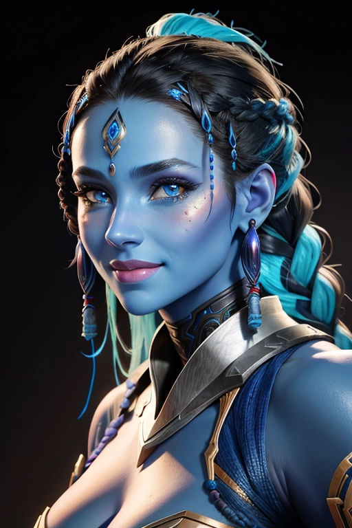 Female navii warrior, vast alien landscape behind her, intricate, blue skin, smiling, braided hair, absurdres, realistic skin, textured skin, hyperrealistic, (masterpiece 1.4), best quality, ultra hd photo, sharp focus, detailed facial features, detailed bright eyes, extremely detailed anatomy, photorealistic