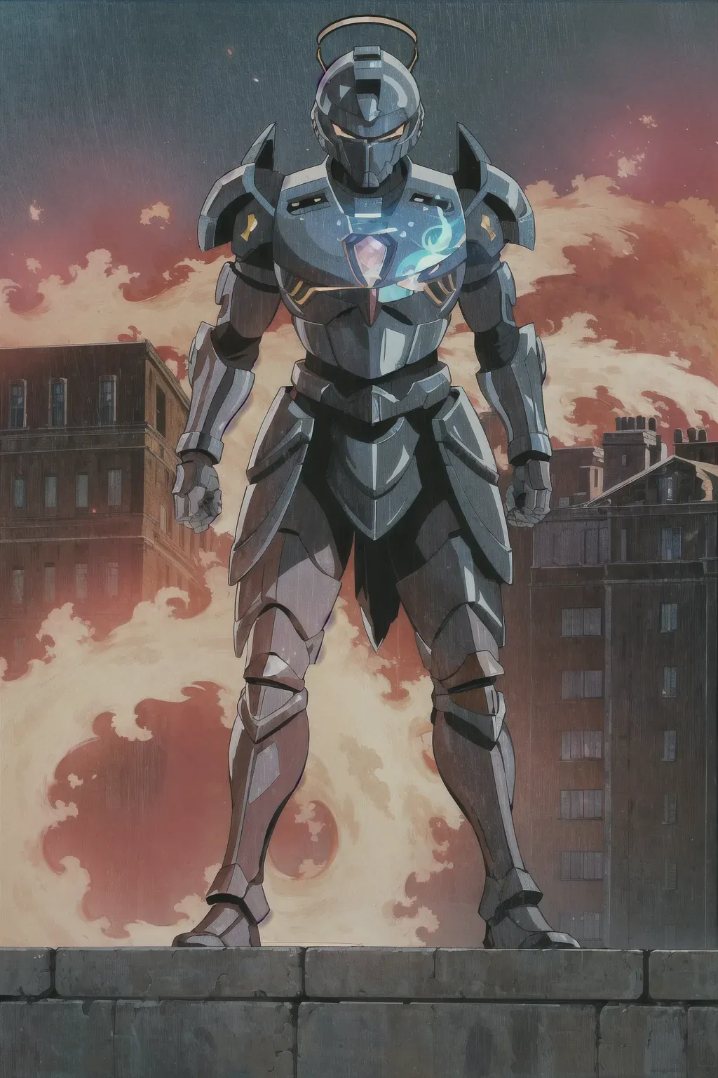 Ghibli style, ((masterpiece)), halo spartan, helmet on, male, best quality, high resolution, fighting, 8k wallpaper, in a city, flames in the background, <lora:dpmg_ghibli_style:1>