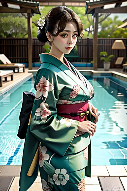 Green kimono, poolside, young girl, big eyes, big tits, big ass, small body