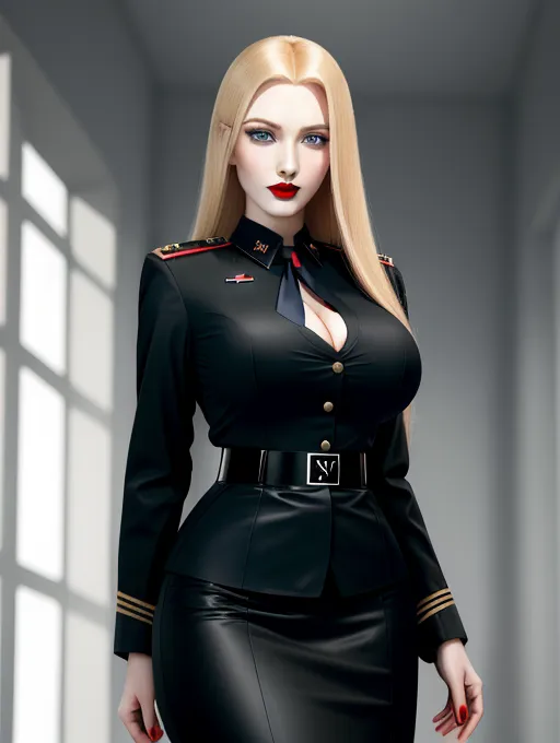 Beautiful woman, full length photo, ((gigantic breasts)) (sexy exposed cleavage) full red lips, long flowing blonde hair, pale skin, bright blue eyes, tiny slim waist, fit, black pencil skirt, black button down blouse, office outfit, military uniform, German uniform, (Nazi uniform) ((SS uniform)) high resolution, 4 fingers, good hands, ultra realistic,