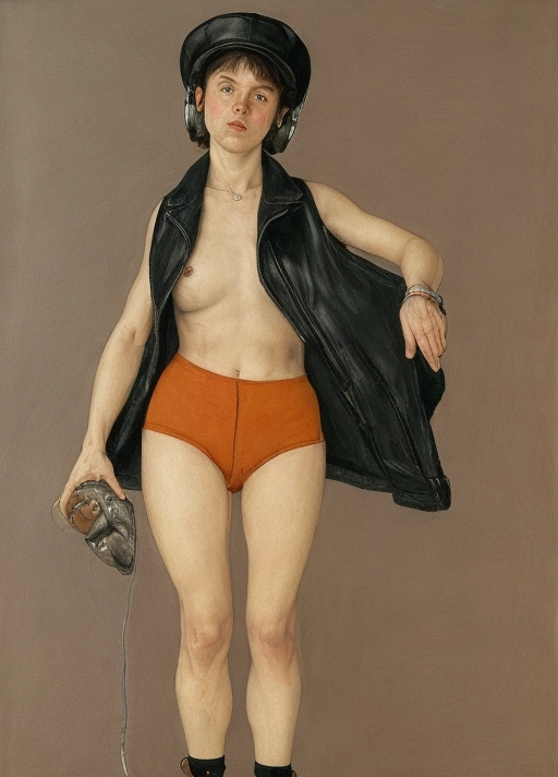 A bare breasted woman , wearing tight short pant ,a soft hat and a leather sleeveless jacket ,the jacket is open and her (breasts are exposed)1 ,the woman has her titties uncovered ,she has head phones on her ears ,her right leg crosses over the left leg ,her right arm is raised and bent at the elbow her right hand hangs down ,her left arm hangs by her side ,the image imitates the painting style of Egon Schiele