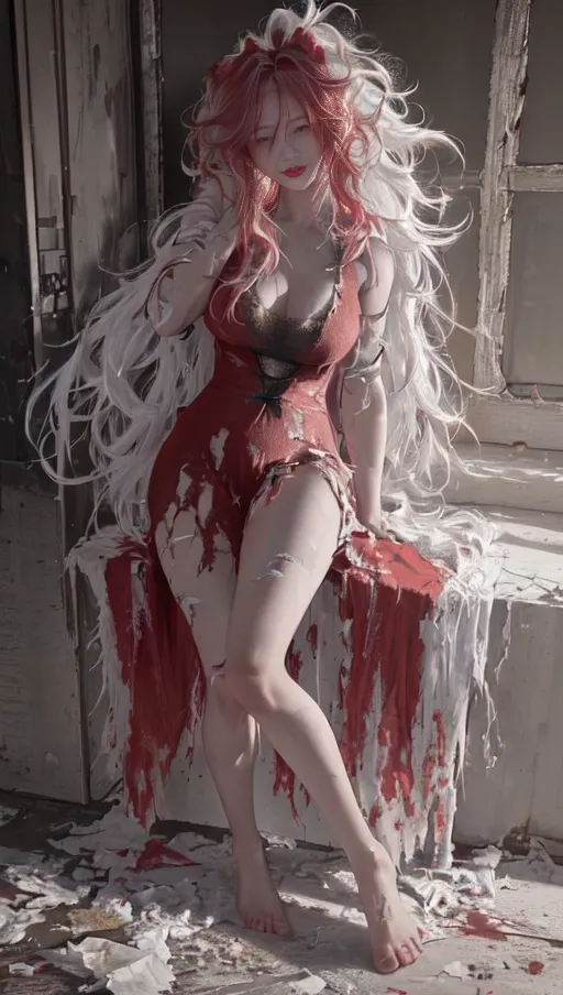 Highly detailed image of Joy from red Velvet . HDR. 8K. Highly detaild skin, Highly detailed hair. in torn and ripped clothing. (masterpiece). (((photorealistic 1.5))), (((very detailed lighting))). (((Messy_hair))). Full body