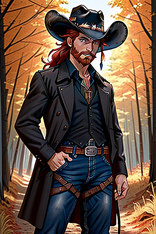 Old wild west, A badass cowboi riding his badass horse, US Marshall, black cowboi hat with white band and a feather, red hair, red beard, sharp blue eyes, gritting teeth, strong chin, a scar across his face, strong build, black cowboi outfit, long brown trench coat, black boot cut pants, two six shooter revolver pistols, one gun drawn, the other gun is in the holster, two gun holsters, gun belt with bullets line in, black cowboi boots with spurs, riding in the saddle of his black horse, in the forest, fending of a pack of wolves, ((high definition)), ((4k quality)), ((excellent lighting)), ((great shading)), ((pristine detail)), ((really clear picture)), ((beautiful vibrant colors)), ((accurate at lower prompt guidence)), ((ultra realistic)), (((five fingers per hand))), (((two arms per person))), (((two legs per person))),