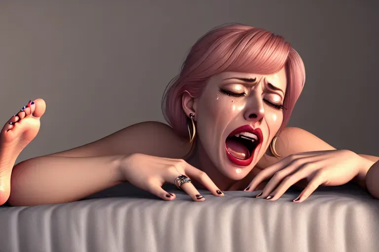 detailed illustration of rape, caroline ellison, rape porn, pinned down flat on her back against a mattress, open mouth scream in pain, e-girl ring, she cries tears of defeat, tears streaming down her cheeks, five slender fingers, dainty body and dainty bare feet, studio lighting, ultra realistic, highly detailed, 8k, editorial