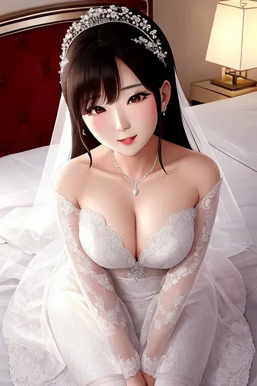 a beautiful korean woman on her wedding night waiting on the bed for her husband, she is naked and holding her bridal bouquet
