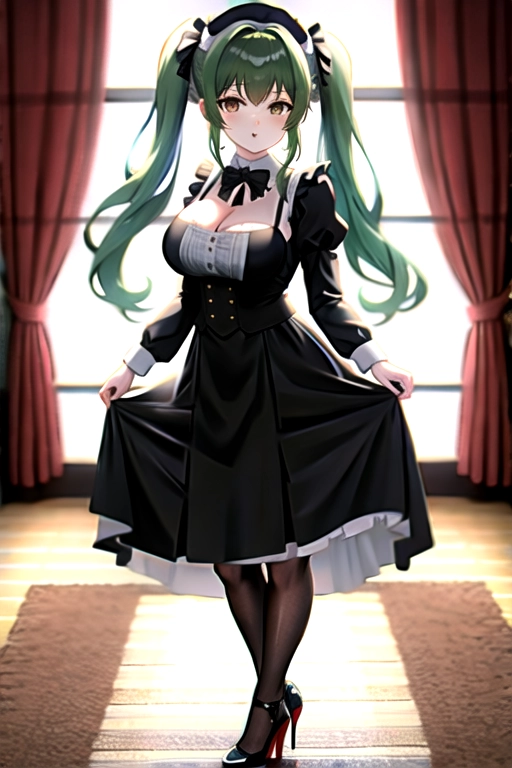 8k quality, brown eyes, pale white skin, green hair, giant breasts, cleavage, looking at viewer, pov, long hair, wavy hair, black maid uniform, high heels, miniskirt, standing in living room, full body photo, pigtails